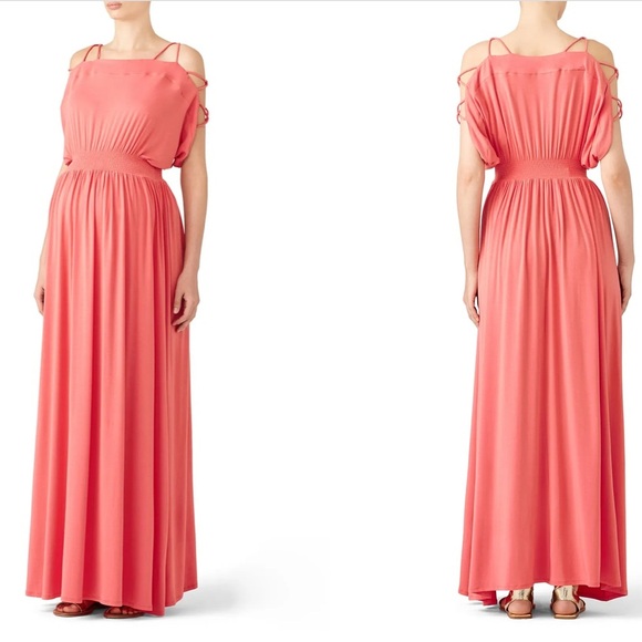 RTR Ingrid & Isabel Coral Empire Waist‎ Stretchy Off Shoulder Maxi Dress Sz S - Picture 1 of 14